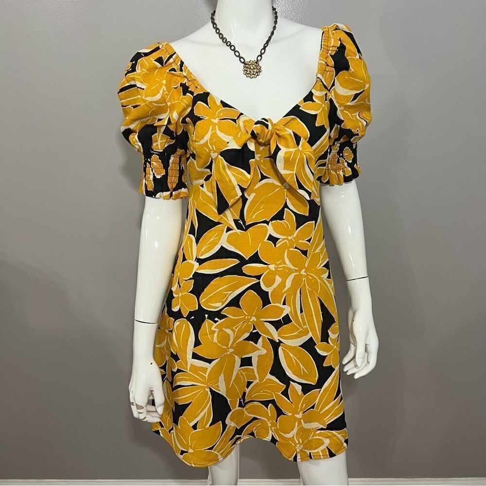 NWT Who What Wear Black/Yellow Linen Floral Print Puff Sleeve Dress - XS - Picture 5 of 16